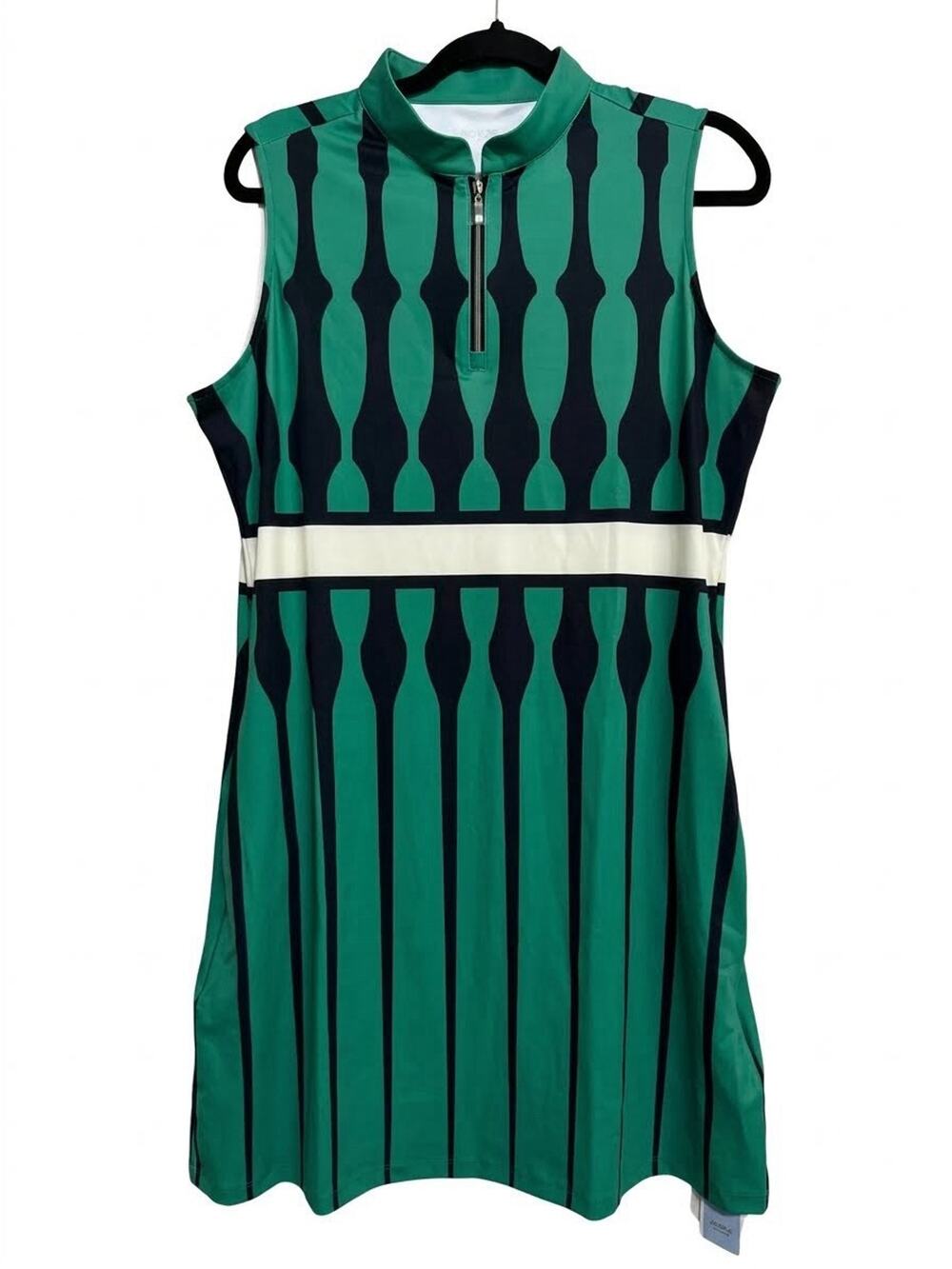 ACEGOLFS Tennis Dress Large Sleeveless Green Navy Geometric Athletic 1/4 Zip NWT